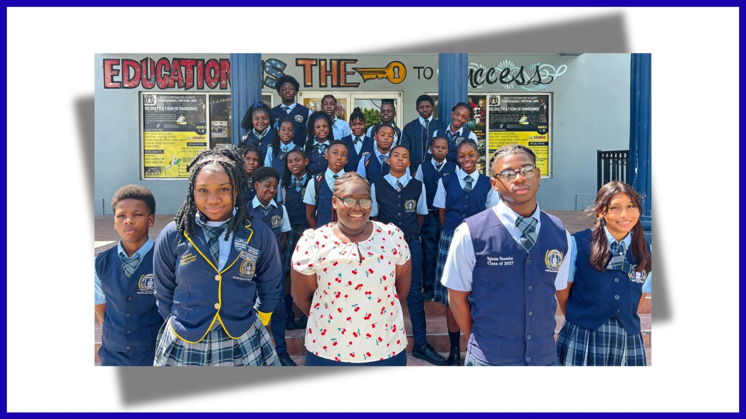 A group of students in RPA uniforms gathered outside the school entrance.